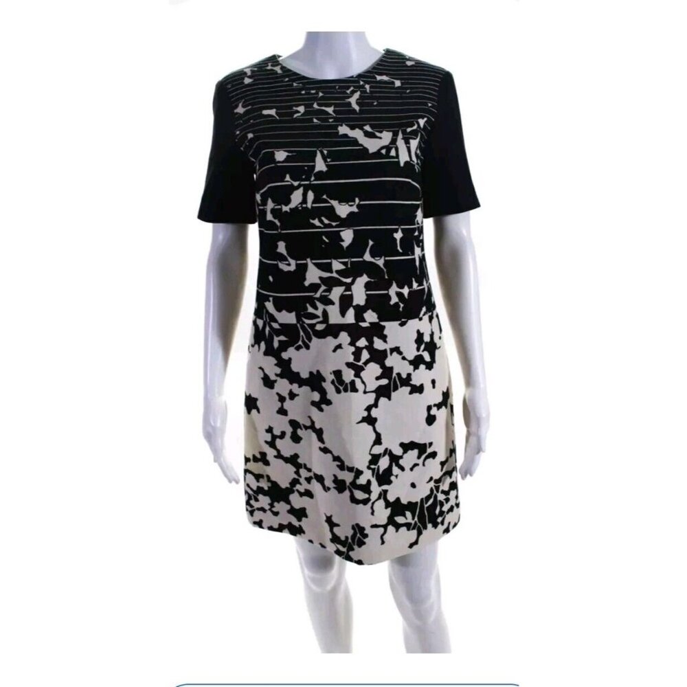 4 Collective Black Cream Abstract Print Shift Dress Size 4 SL Back Zipper NWT